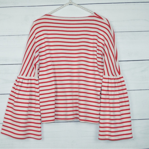 J.Crew | Red White Strip Long Bell Sleeve Blouse Shirt Women’s Size XXS - Picture 4 of 10
